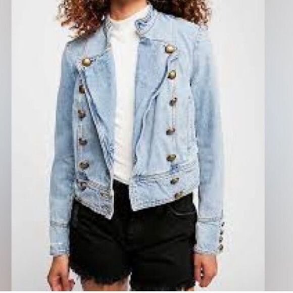 Free People Moto Double Breasted Denim Jacket. Country. Military.Coastal Cowgirl - Picture 10 of 14